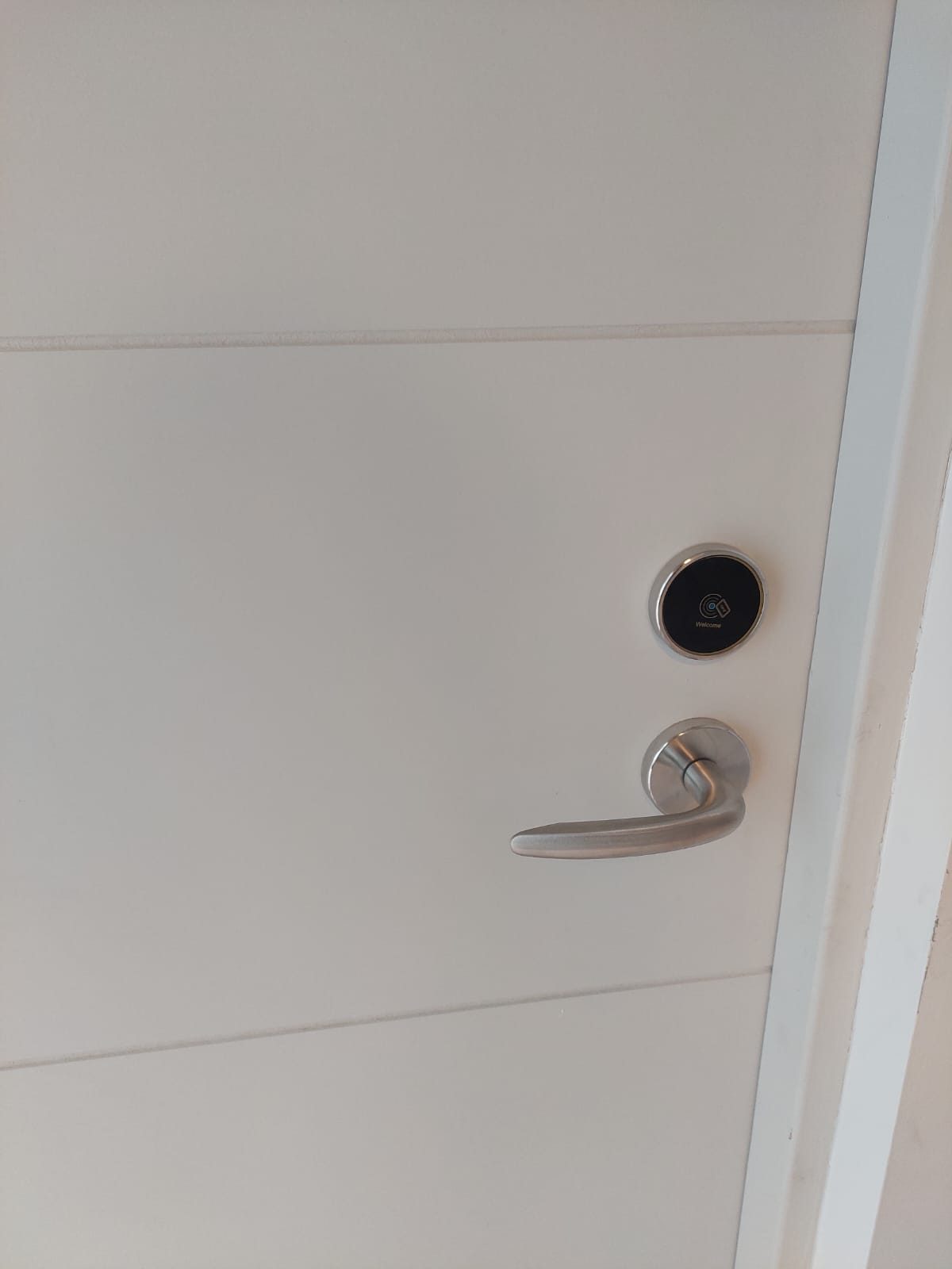 Lector RFID circular y manija en una puerta blanca